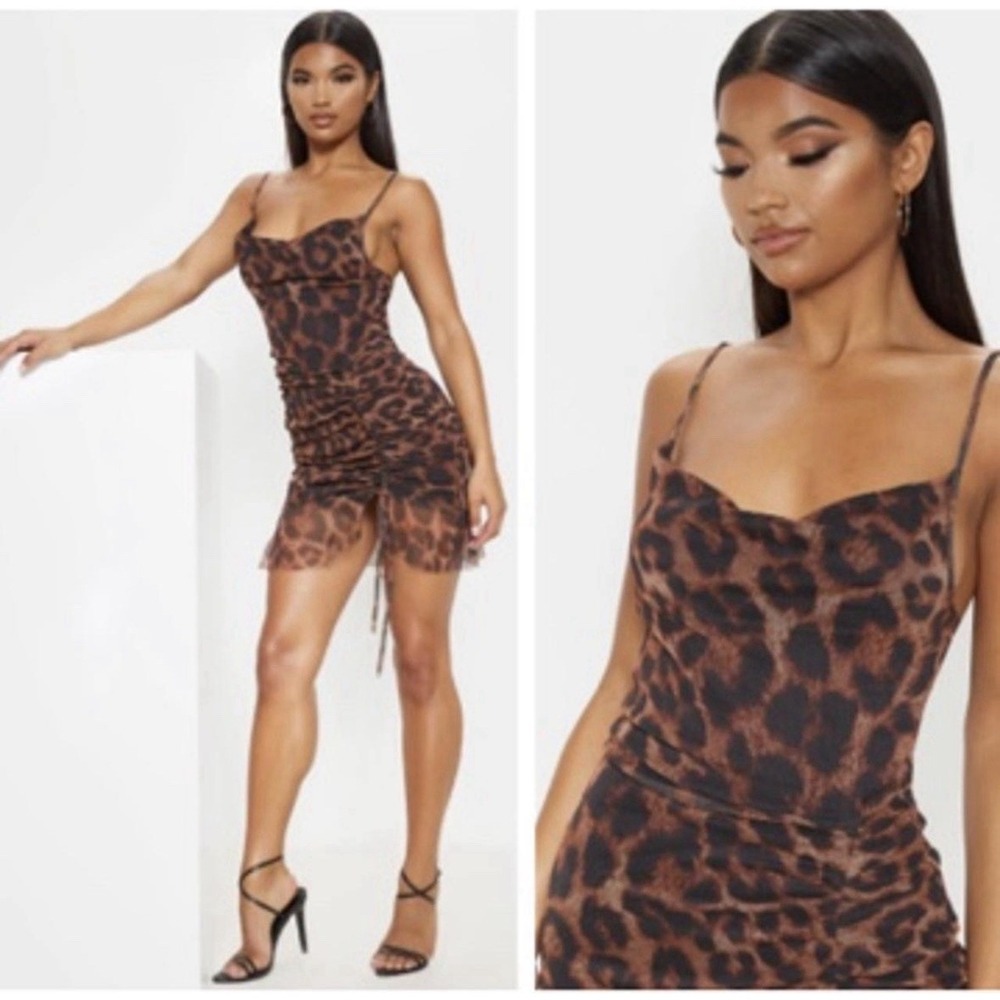 Pretty Little Thing Leopard Print Mesh Mini Dress Ruched Size 8 Going Out Dress